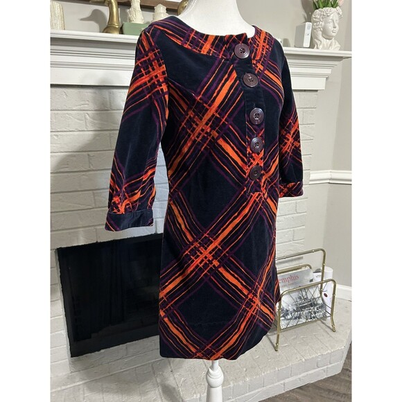 GO International Dress Womens Med Navy Orange Purple Plaid Corduroy 70’s Retro - Picture 2 of 8